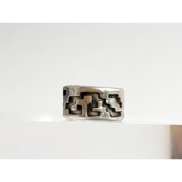 Zuni Pueblo Vintage Geometric Mexican Chunky Wide Sterling Silver Ring - sz 7 - Picture 3 of 10